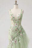 Green Ruffled Mermaid Floral Long Prom Dress with Embroidery