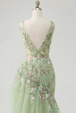 Green Ruffled Mermaid Floral Long Prom Dress with Embroidery