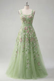Green Embroidered A Line Square Neck Long Floral Prom Dress