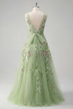 Green Embroidered A Line Square Neck Long Floral Prom Dress