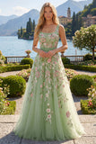 Green Embroidered A Line Square Neck Long Floral Prom Dress