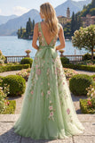Green Embroidered A Line Square Neck Long Floral Prom Dress