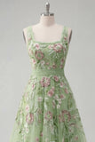 Green Embroidered A Line Square Neck Long Floral Prom Dress