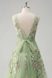 Green Embroidered A Line Square Neck Long Floral Prom Dress