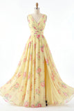 Yellow A Line Ruched V-Neck Printed Floral Long Prom Dress with Slit