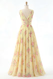 Yellow A Line Ruched V-Neck Printed Floral Long Prom Dress with Slit