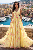 Yellow A Line Ruched V-Neck Printed Floral Long Prom Dress with Slit
