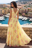 Yellow A Line Ruched V-Neck Printed Floral Long Prom Dress with Slit
