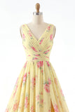 Yellow A Line Ruched V-Neck Printed Floral Long Prom Dress with Slit