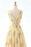 Yellow A Line Ruched V-Neck Printed Floral Long Prom Dress with Slit