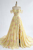 Yellow Floral Off the Shoulder Ruffled A Line Long Prom Dress with Slit
