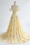 Yellow Floral Off the Shoulder Ruffled A Line Long Prom Dress with Slit
