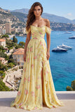 Yellow Floral Off the Shoulder Ruffled A Line Long Prom Dress with Slit
