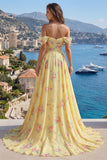 Yellow Floral Off the Shoulder Ruffled A Line Long Prom Dress with Slit