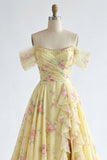Yellow Floral Off the Shoulder Ruffled A Line Long Prom Dress with Slit