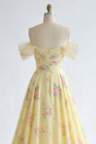 Yellow Floral Off the Shoulder Ruffled A Line Long Prom Dress with Slit
