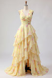 Yellow A Line Floral V-Neck Printed Long Prom Dress with Ruffles