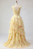 Yellow A Line Floral V-Neck Printed Long Prom Dress with Ruffles