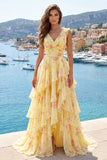 Yellow A Line Floral V-Neck Printed Long Prom Dress with Ruffles
