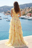 Yellow A Line Floral V-Neck Printed Long Prom Dress with Ruffles
