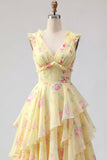 Yellow A Line Floral V-Neck Printed Long Prom Dress with Ruffles
