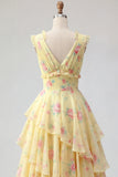 Yellow A Line Floral V-Neck Printed Long Prom Dress with Ruffles