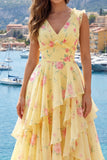 Yellow A Line Floral V-Neck Printed Long Prom Dress with Ruffles