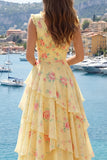 Yellow A Line Floral V-Neck Printed Long Prom Dress with Ruffles