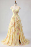 Yellow Floral A Line Ruffled Cap Sleeves Long Prom Dress with Slit