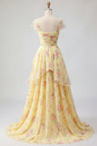 Yellow Floral A Line Ruffled Cap Sleeves Long Prom Dress with Slit