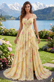 Yellow Floral A Line Ruffled Cap Sleeves Long Prom Dress with Slit