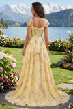 Yellow Floral A Line Ruffled Cap Sleeves Long Prom Dress with Slit
