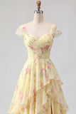 Yellow Floral A Line Ruffled Cap Sleeves Long Prom Dress with Slit