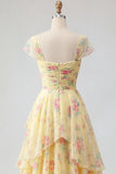 Yellow Floral A Line Ruffled Cap Sleeves Long Prom Dress with Slit