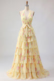 Halter Yellow Floral A Line Tiered Long Prom Dress with Ruffles