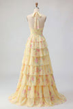 Halter Yellow Floral A Line Tiered Long Prom Dress with Ruffles