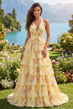 Halter Yellow Floral A Line Tiered Long Prom Dress with Ruffles