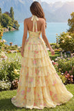 Halter Yellow Floral A Line Tiered Long Prom Dress with Ruffles