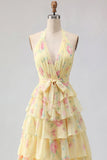 Halter Yellow Floral A Line Tiered Long Prom Dress with Ruffles