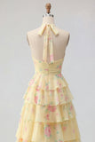 Halter Yellow Floral A Line Tiered Long Prom Dress with Ruffles
