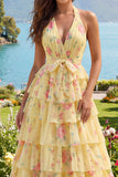 Halter Yellow Floral A Line Tiered Long Prom Dress with Ruffles