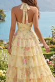 Halter Yellow Floral A Line Tiered Long Prom Dress with Ruffles