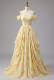 Off the Shoulder Yellow Floral A Line Ruched Long Prom Dress