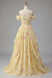 Off the Shoulder Yellow Floral A Line Ruched Long Prom Dress