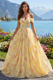 Off the Shoulder Yellow Floral A Line Ruched Long Prom Dress