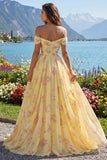 Off the Shoulder Yellow Floral A Line Ruched Long Prom Dress