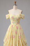 Off the Shoulder Yellow Floral A Line Ruched Long Prom Dress