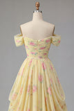 Off the Shoulder Yellow Floral A Line Ruched Long Prom Dress
