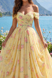 Off the Shoulder Yellow Floral A Line Ruched Long Prom Dress