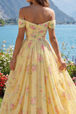 Off the Shoulder Yellow Floral A Line Ruched Long Prom Dress